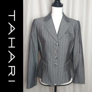 Tahari Petite 8P Gray White Striped Blazer